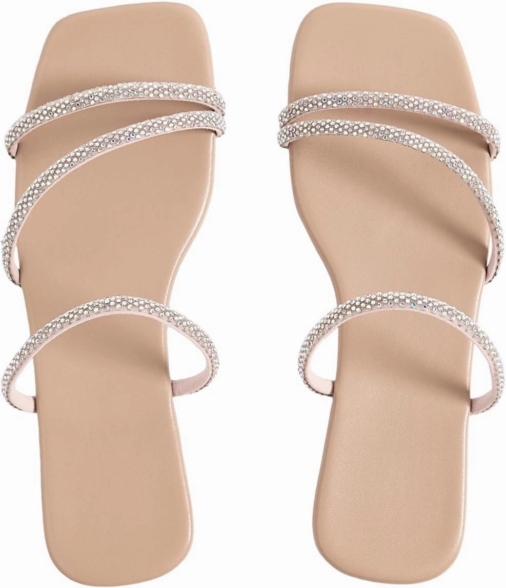 GORGLITTER Women's Rhinestone Flat Sandals Strappy Slip on Open Toe Slide Sandals
