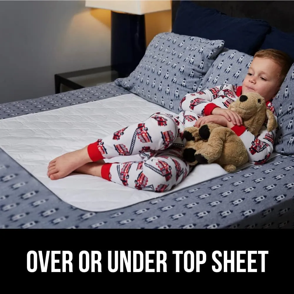 GORILLA GRIP Washable Toddler Mattress Incontinence Pads, Waterproof Bed Underpads, Absorbent Leak Proof, 34x36 19in Wings, 2 Pack Slip Resistant Pad Absorbs 8 Cups for Bedwetting Adults Kids, White