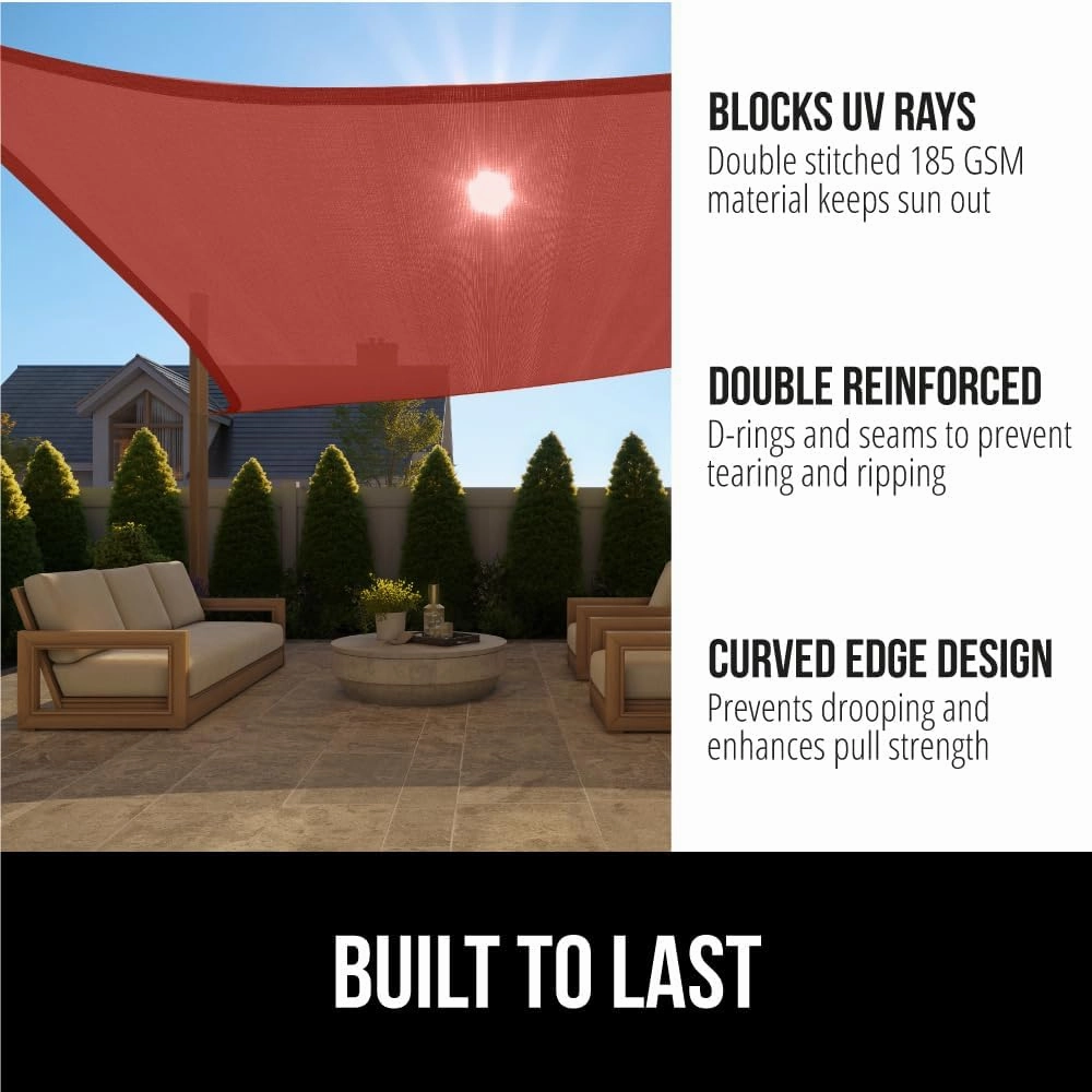 GORILLA GRIP Heavy Duty Sun Shade, UV Protection Fade Tear and Rust Resistant Rectangle Sunshade Canopy, Curved Edges Blocks Sunlight, Breathable Sail, Outdoor Patio, Lawn Garden 10x10 FT Terra
