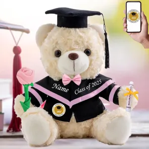Graduation Bear Class of 2025 Personalized Graduation Gifts with Custom Text Photo, White Teddy Bear with Rose & Bow as Graduation Gifts for Her 2025 High School College Graduation (10IN-Text Photo)