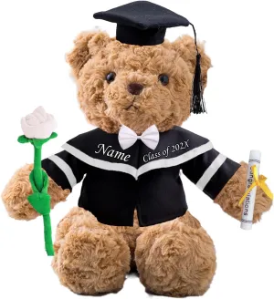 Graduation Bear Class of 2025 Personalized Graduation Gifts with Custom Text/Name, Teddy Bear with Rose & Bow for Her 2025 High School College Master Kindergarten Graduation Gifts (11 in-Text)