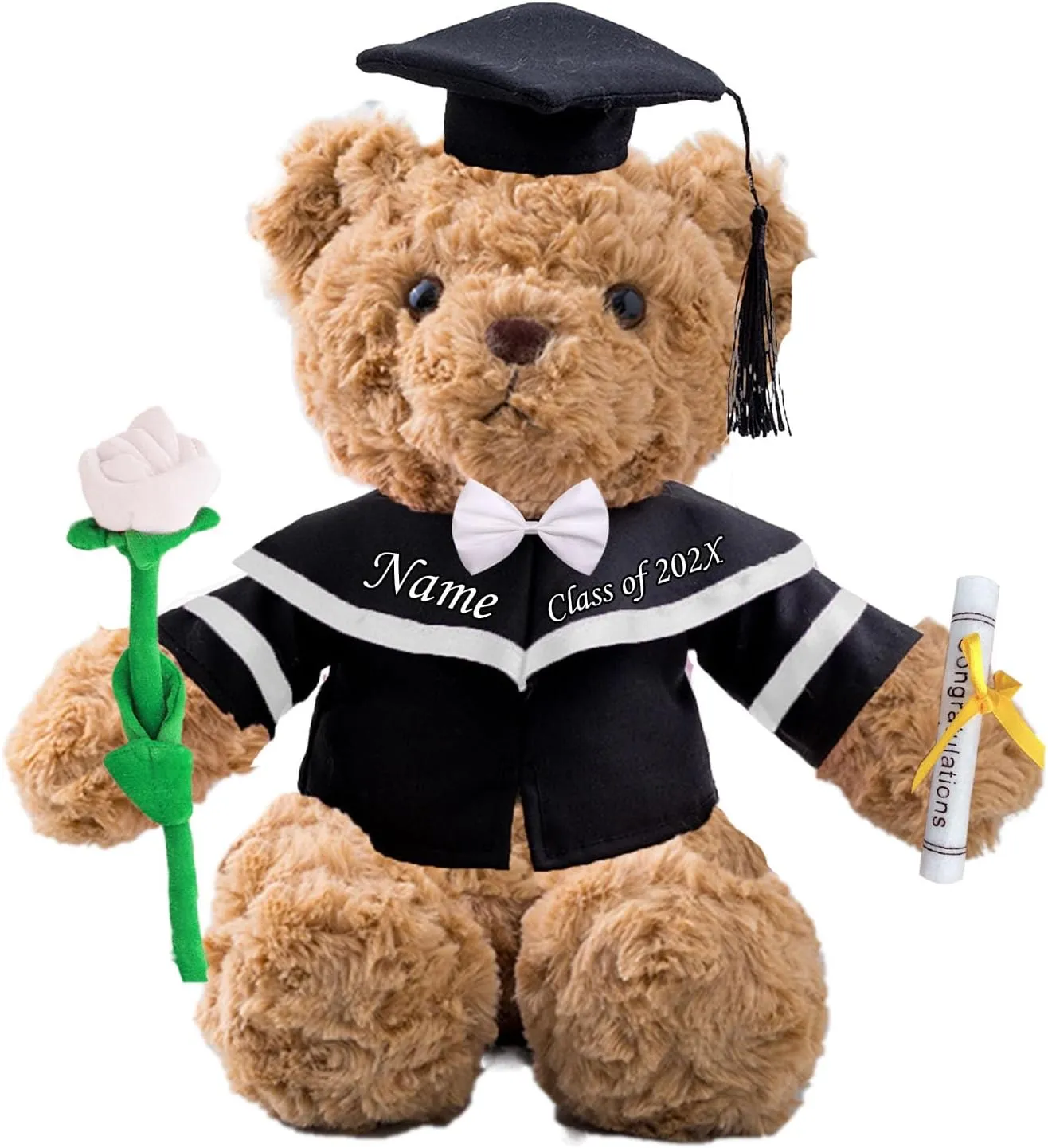 Graduation Bear Class of 2025 Personalized Graduation Gifts with Custom Text/Name, Teddy Bear with Rose & Bow for Her 2025 High School College Master Kindergarten Graduation Gifts (11 in-Text)