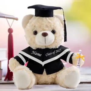 Graduation Bear Class of 2025 Personalized Graduation Gifts with Text, Name or Date, White Teddy Bear Stuffed Animal for Her 2025 High School College Kindergarten Graduation Gifts (10IN-Text)