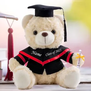 Graduation Bear Class of 2025 Personalized Graduation Gifts with Text, Name or Date, White Teddy Bear Stuffed Animal for Her 2025 High School College Kindergarten Graduation Gifts (10IN-Text)