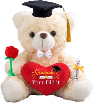 Graduation Bear Class of 2025 Personalized Graduation Gifts with Text/Name, White Teddy Bear with Heart and Bow for Her 2025 High School College Kindergarten Graduation Gifts 2025 (8IN-Text)