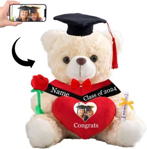 Graduation Gifts for Her Personalized Bear with Image  Text, Teddy Bear Stuffed Animal with Heart  Bow as Graduation Gifts for Her 2024 High School/College/Masters Graduation Gifts (8IN-Text Image)