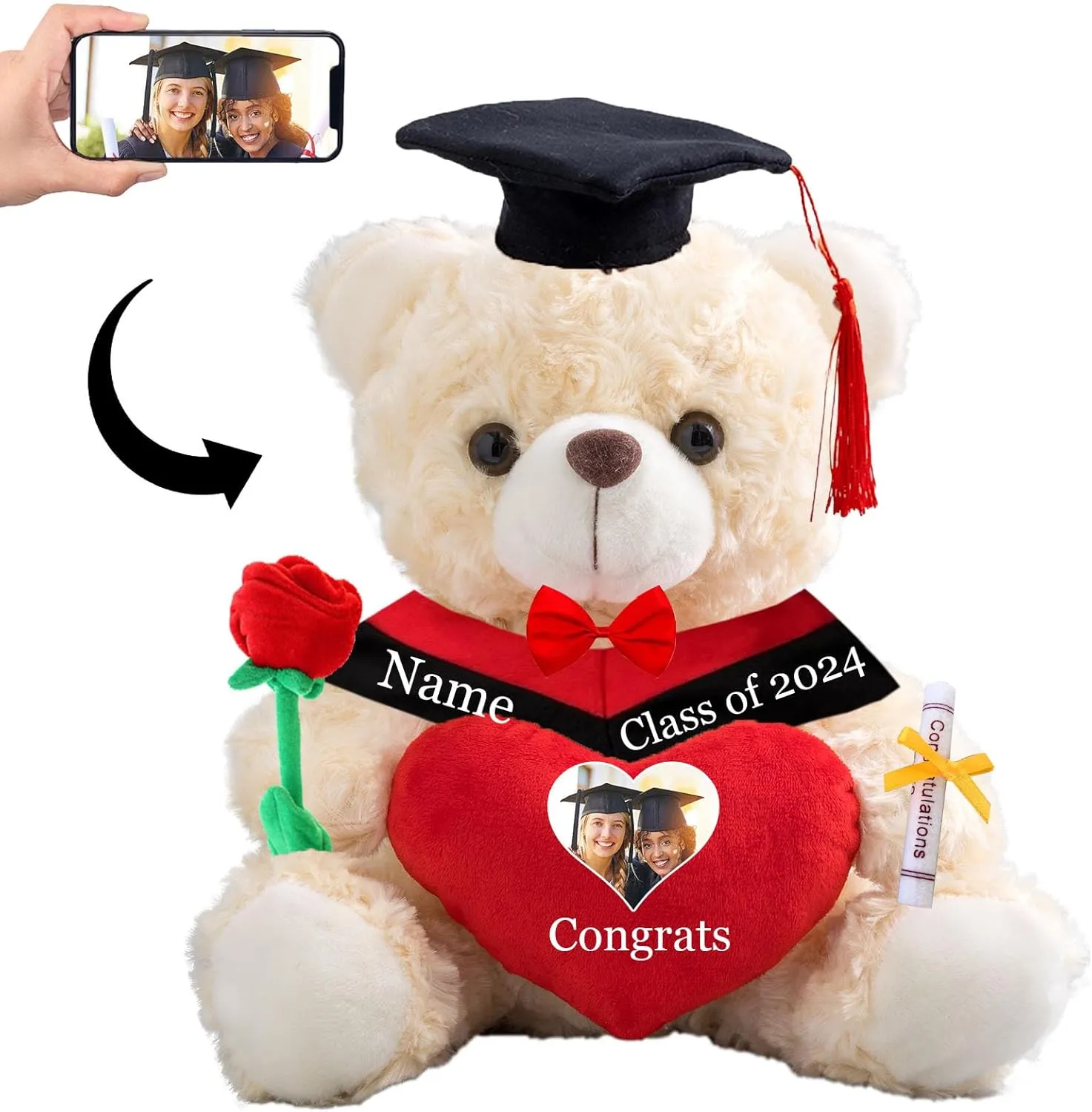 Graduation Gifts for Her Personalized Bear with Photo  Text, Teddy Bear Stuffed Animal with Heart  Bow as Graduation Gifts for Her 2025 High School/College/Masters Graduation Gifts (8IN-Text Photo)