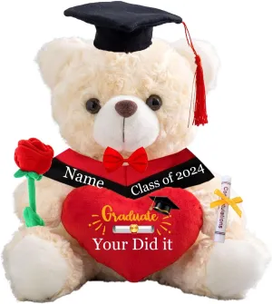 Graduation Gifts for Her Personalized Bear with Text, White Teddy Bear Stuffed Animal with Heart & Bow as Graduation Gifts for Him/Her 2025 High School/College/Masters Graduation Gifts (8IN-Text)