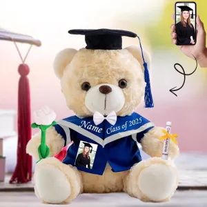 Graduation Gifts for Her Personalized Teddy Bear with Photo  Text, White Stuffed Bear with Rose & Bow as Personalized Gifts for Him 2024 High School/Masters Graduation Gifts (10IN-Text Photo)