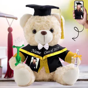 Graduation Gifts for Her Personalized Teddy Bear with Photo  Text, White Stuffed Bear with Rose & Bow as Personalized Gifts for Him 2025 High School/Masters Graduation Gifts (10IN-Text Photo)