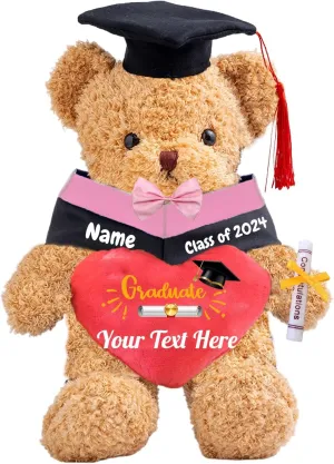 Graduation Teddy Bear 2024 Personalized Graduation Gifts for Him/Her with Text, Graduation Bear with Heart and Bow as Kindergarten College Graduation Gift for Girls Graduation Day 2024 (12 in-Text)