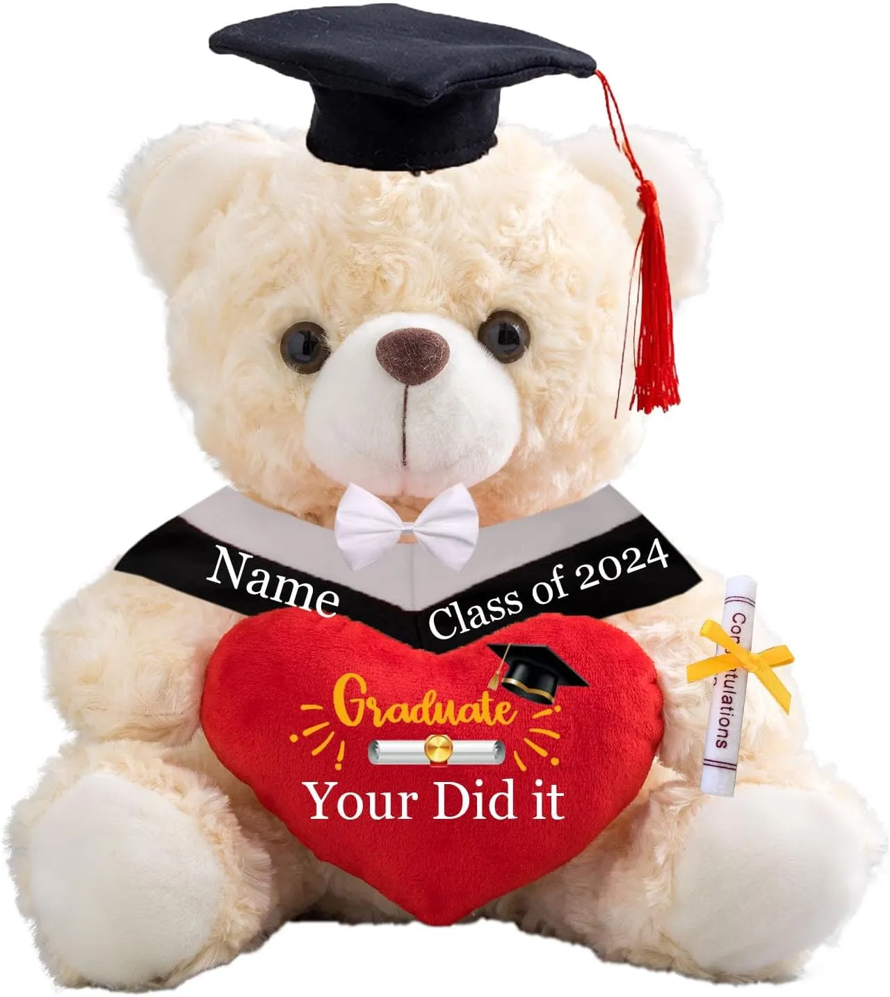 Graduation Teddy Bear 2024, Personalized Graduation Gifts for Him/Her with Text, Graduation Bear with Heart and Bow as Kindergarten College Graduation Gift for Girls/Boy Graduation Day (8IN-Text)