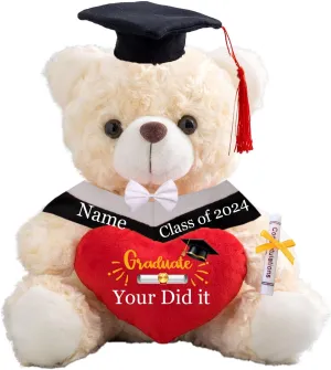 Graduation Teddy Bear 2024, Personalized Graduation Gifts for Him/Her with Text, Graduation Bear with Heart and Bow as Kindergarten College Graduation Gift for Girls/Boy Graduation Day (8IN-Text)
