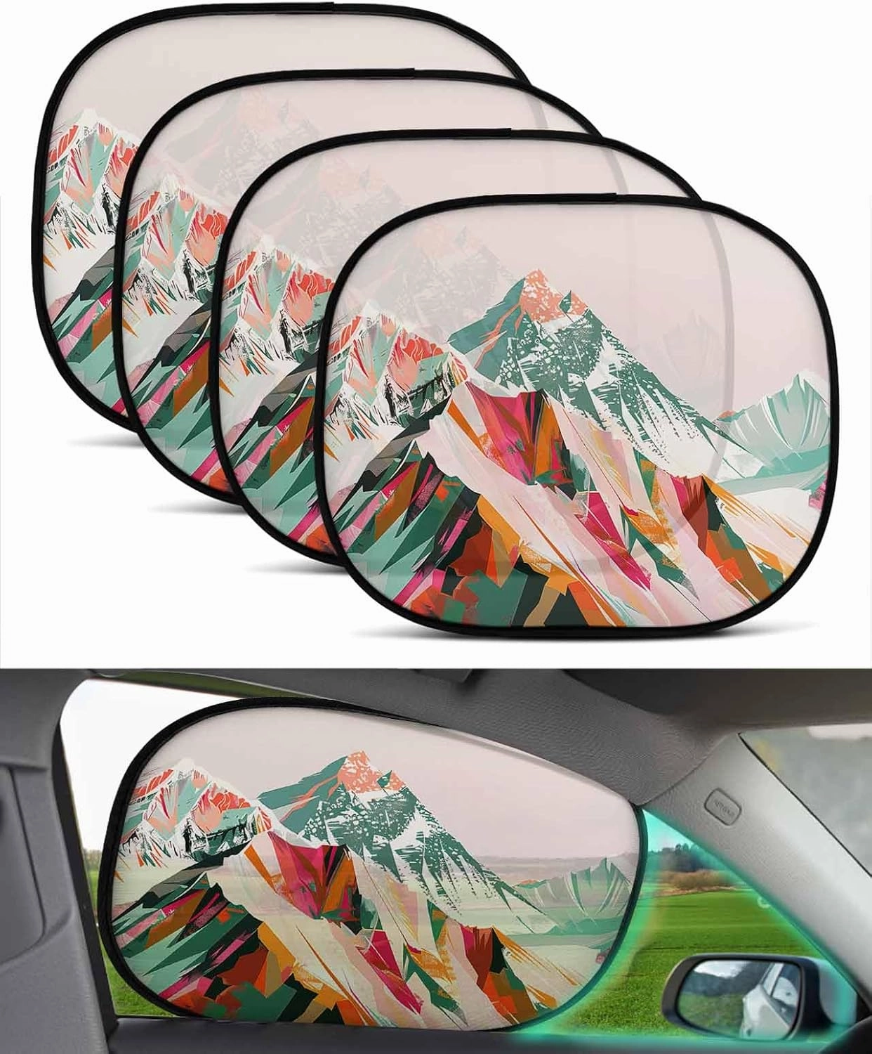 Green Orange Car Side Window Sun Shade,Sun Blocker and UV Rays Protection Car Window Sunshade,4 Pack Privacy Cling Mesh Car Window Screens Cover 20"x12" Abstract Mountains Range Modern Painted Art