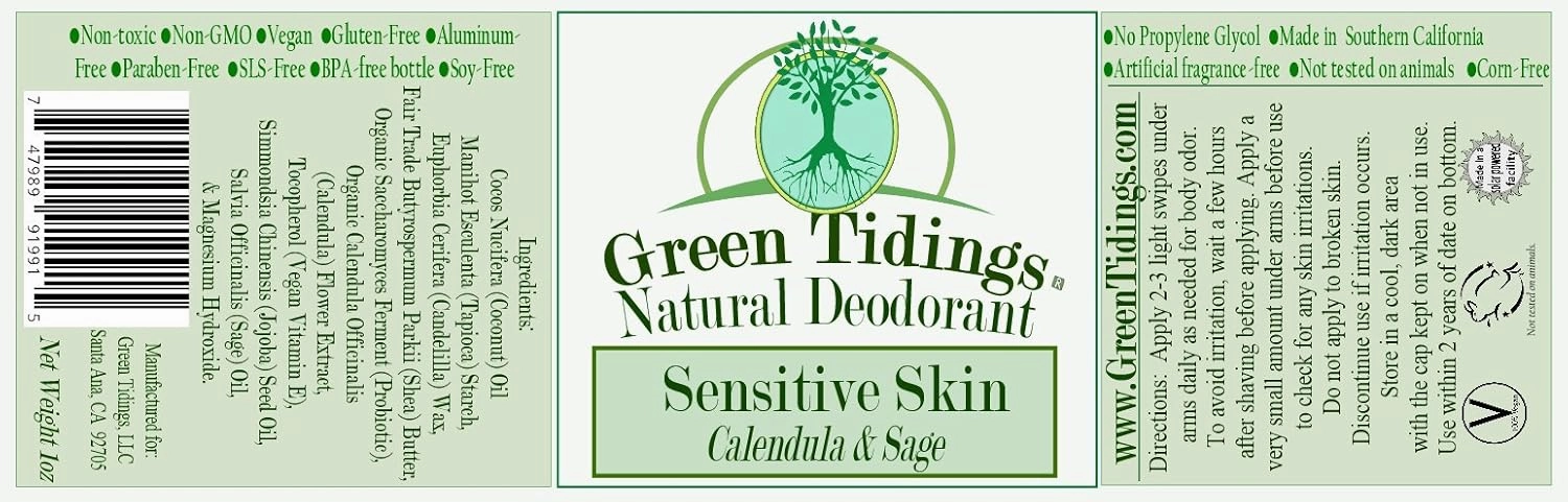 Green Tidings Natural SENSITIVE SKIN Deodorant, Calendula & Sage (1 ounce (3 PACK))