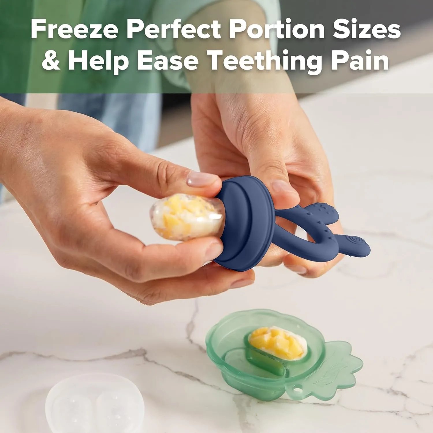 Haakaa Baby Fruit Food Feeder & Mini Freezer Nibble Tray Combo, Breastmilk Popsicle Molds for Baby Cooling Relief, BPA Free Silicone Feeder for Safe Infant Self Feeding, 4 Month  (Steel Blue)