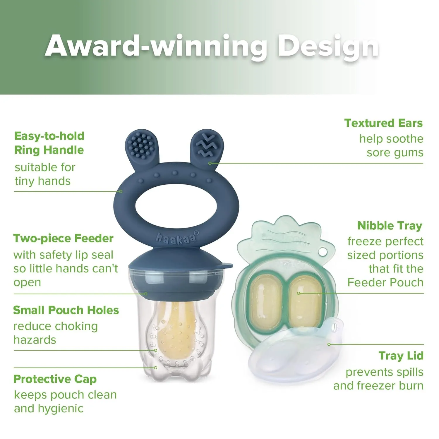 Haakaa Baby Fruit Food Feeder & Mini Freezer Nibble Tray Combo, Breastmilk Popsicle Molds for Baby Cooling Relief, BPA Free Silicone Feeder for Safe Infant Self Feeding, 4 Month  (Steel Blue)