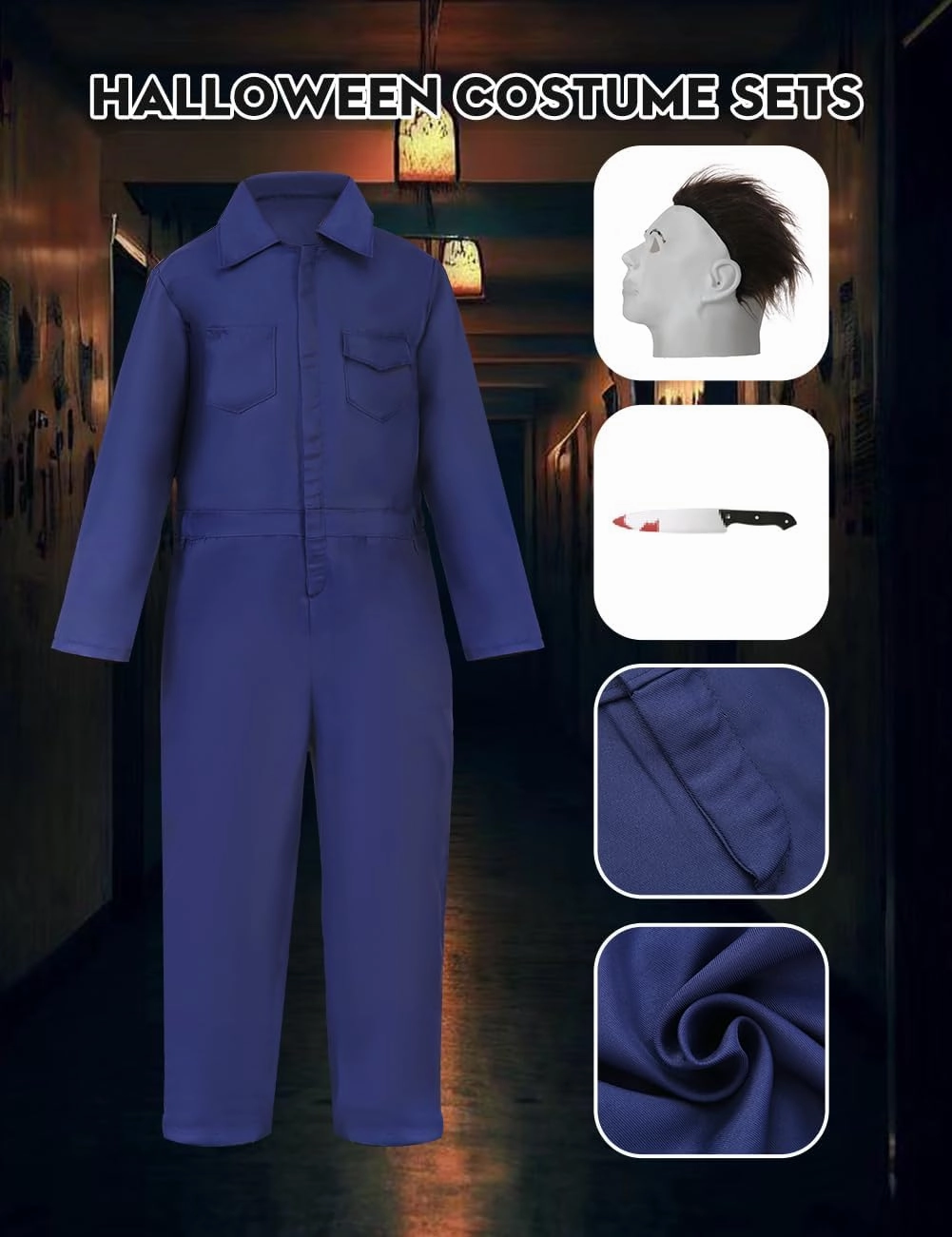Halloween Navy Blue Coveralls Jumpsuit,Horror Killer Navy Cosplay Costume for Men, Includes Mask and Toy Knife
