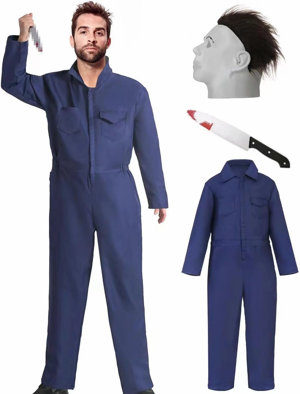 Halloween Navy Blue Coveralls Jumpsuit,Horror Killer Navy Cosplay Costume for Men, Includes Mask and Toy Knife