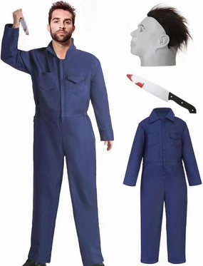 Halloween Navy Blue Coveralls Jumpsuit,Horror Killer Navy Cosplay Costume for Men, Includes Mask and Toy Knife