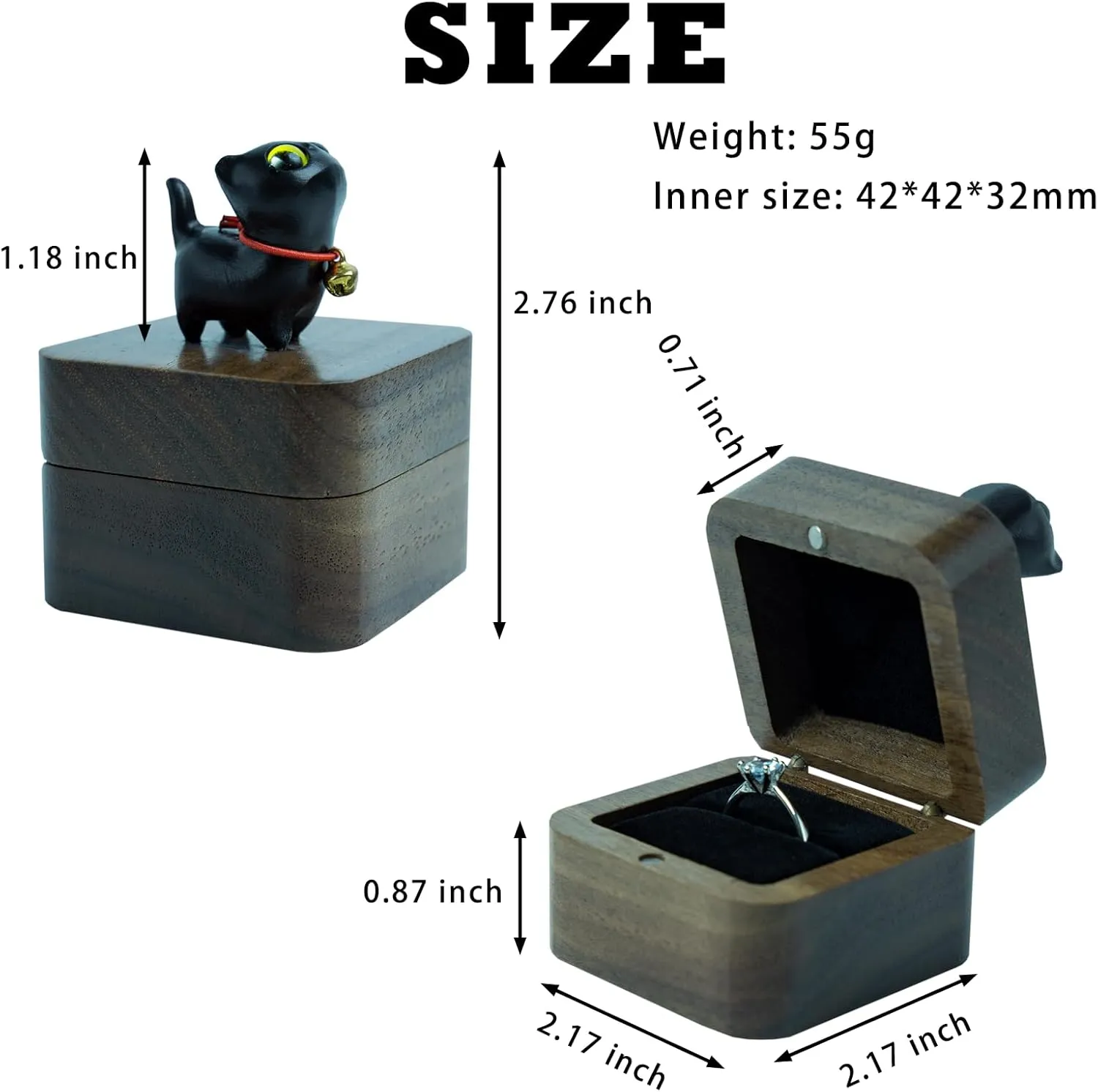 Hand-Carved Cat Wooden Ring Box - Magnetic Closure Wedding & Engagement Jewelry Gift Box ﻿(Black Cat)