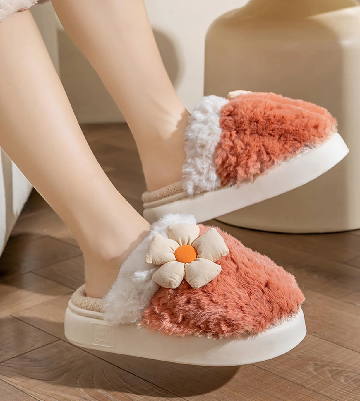 HANDKEI Cute Cartoon Flower Warm and Non slip Women's Winter Home Plush Slippers