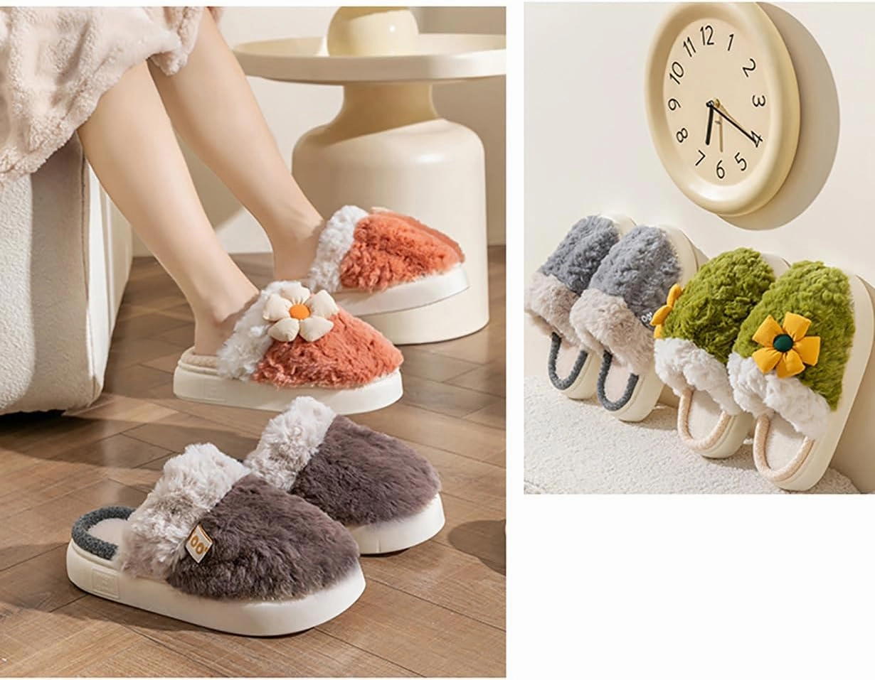 HANDKEI Cute Cartoon Flower Warm and Non slip Women's Winter Home Plush Slippers