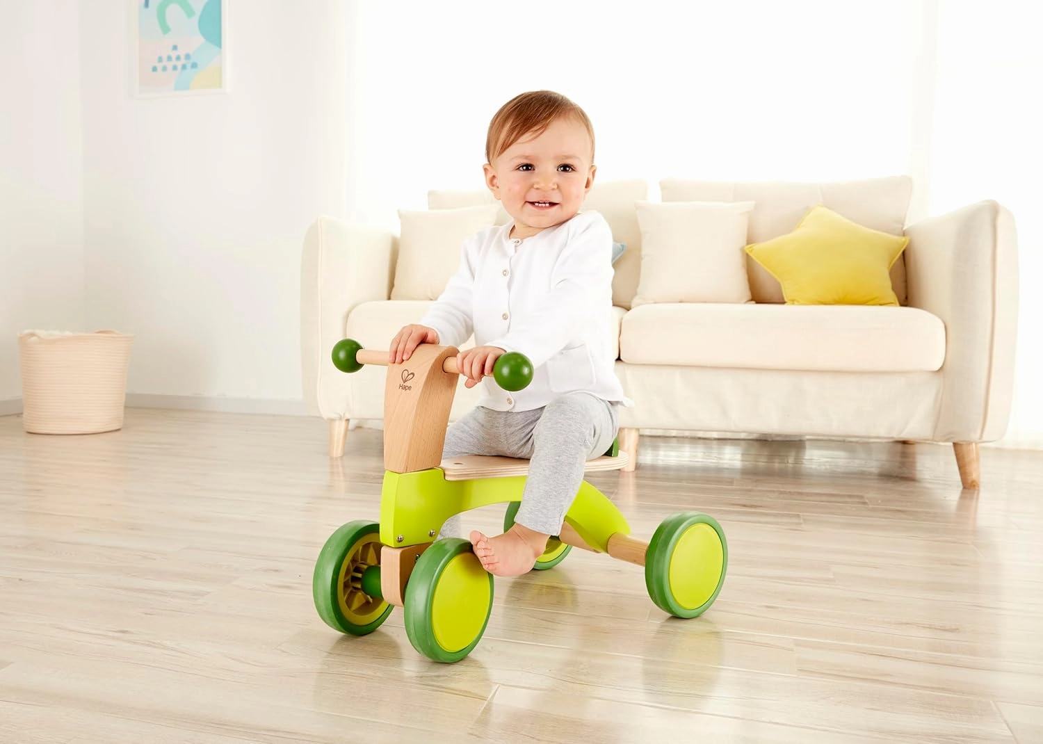 Hape Scoot Around Ride On Wood Bike | Award Winning Four Wheeled Wooden Push Balance Bike Toy for Toddlers with Rubberized Wheels, Bright Green