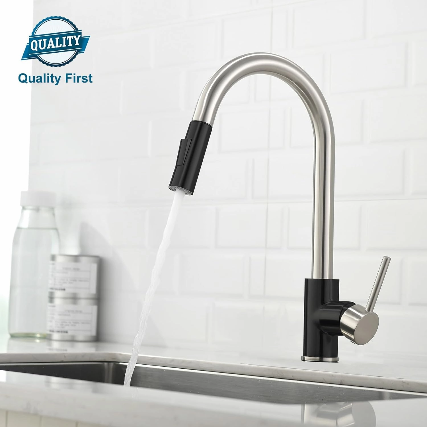Havin Brushed and Black Pull Down Kitchen Faucet with ABS Sprayer,High Arc Stainless Steel Material,with cUPC Ceramic Cartridge,Without Deck Plate,Fit for One Hole Kitchen Sink and Laundry Sink