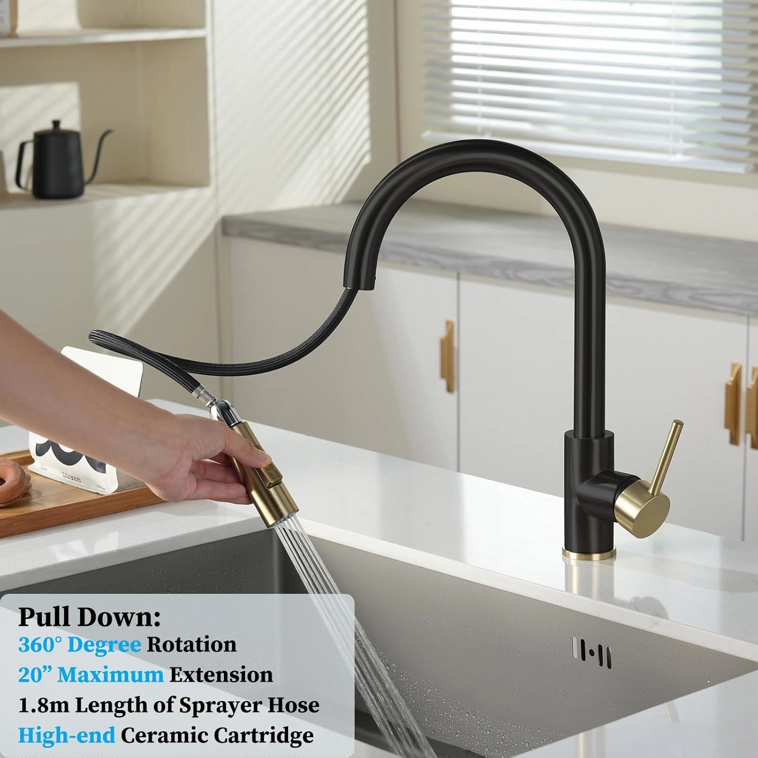 Havin Gold and Black Kitchen Faucet with Pull Down Sprayer, High Arc Stainless Steel Material, with cUPC Ceramic Cartridge,Without Deck Plate,Fit for 1 Hole Kitchen Sink or Laundry Sink