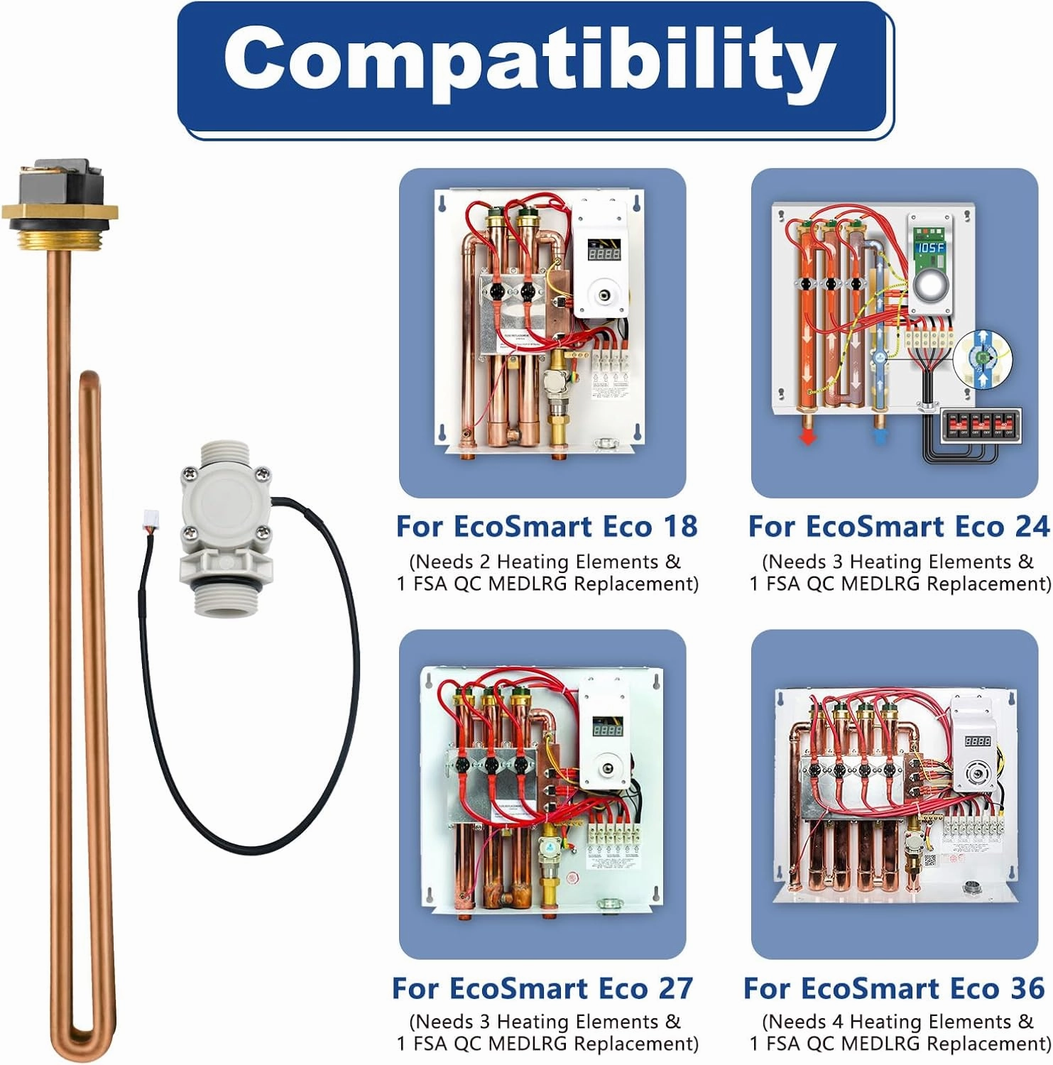HE 90240 Tankless Water Heater Element & FSA QC MEDLRG Heating Water Flow Sensor for Ecosmart Eco 36 27 18 24 Electric Tankless Hot Water Heater Replacement Parts, 9000W 240V