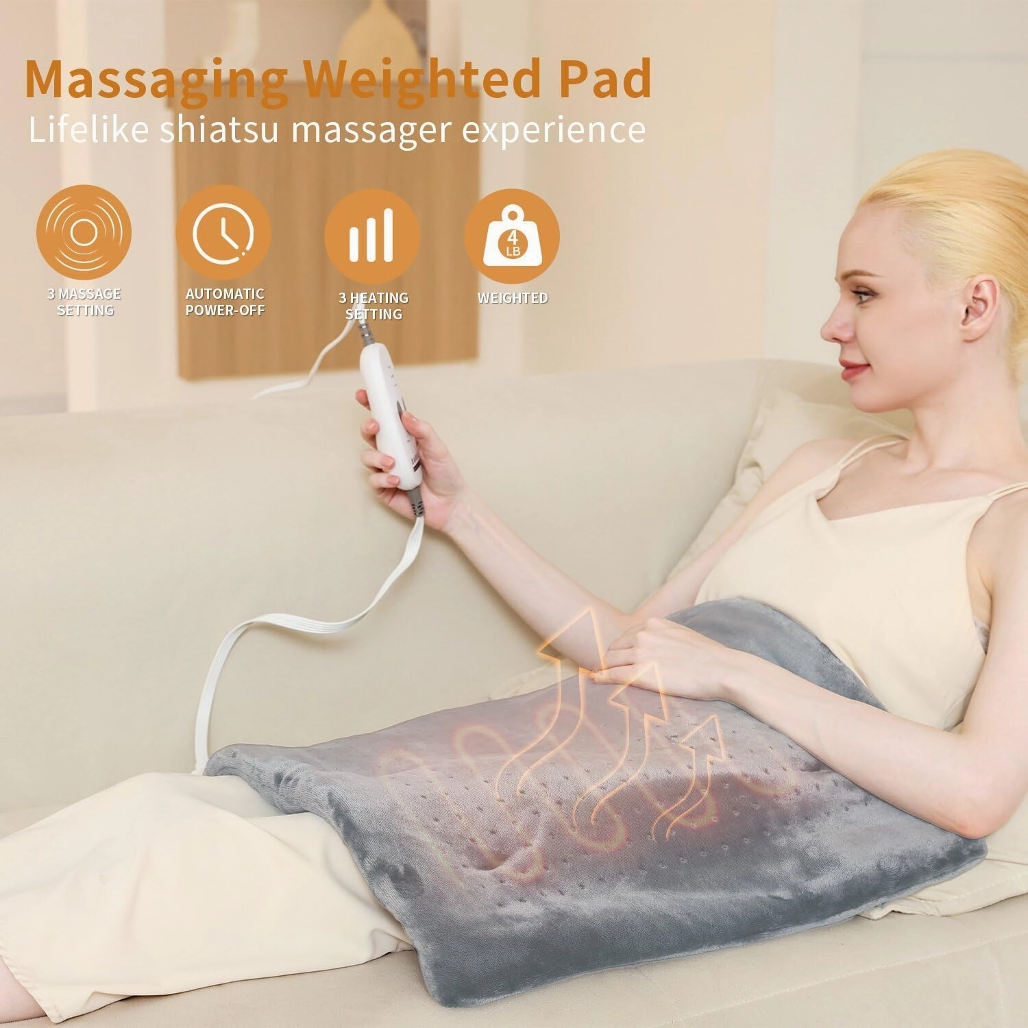Heating Pad for Back Pain Relief,Massaging Weighted Heating Pads for Neck, Shoulder,Cramp,Portable Heated Pad with 3 Heat Settings & 6 Massage,18 Relaxing Combinations,Auto Off,12"*24",Light Grey
