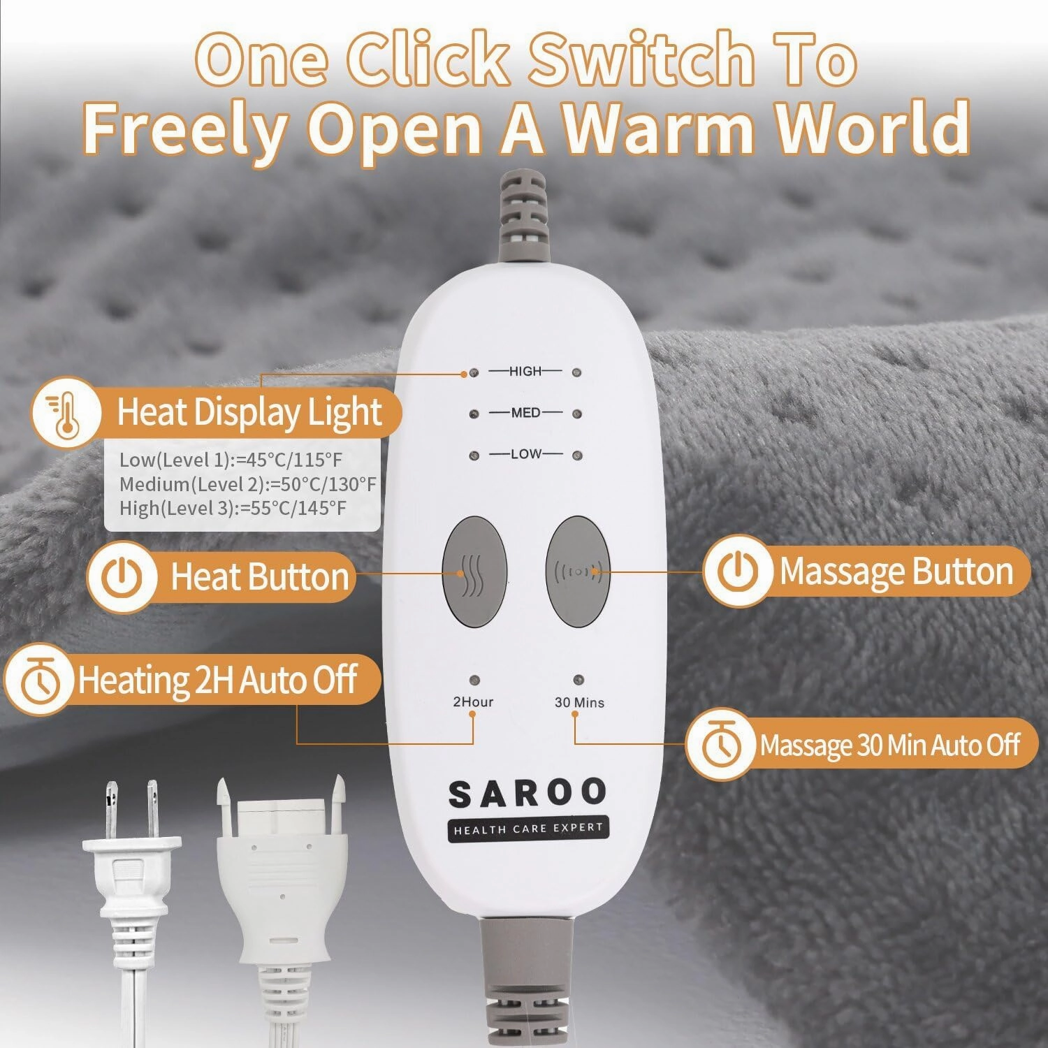 Heating Pad for Back Pain Relief,Massaging Weighted Heating Pads for Neck, Shoulder,Cramp,Portable Heated Pad with 3 Heat Settings & 6 Massage,18 Relaxing Combinations,Auto Off,12"*24",Light Grey