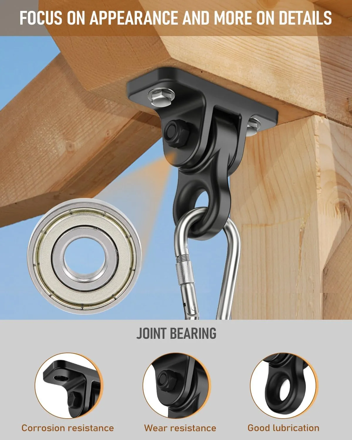 Heavy Duty Porch Swing Hangers Kit, with Screws Bolts for Wooden Sets Playground Porch Patio Yoga Seat Indoor Outdoor Hanging Snap Hooks (2 Pack Black)