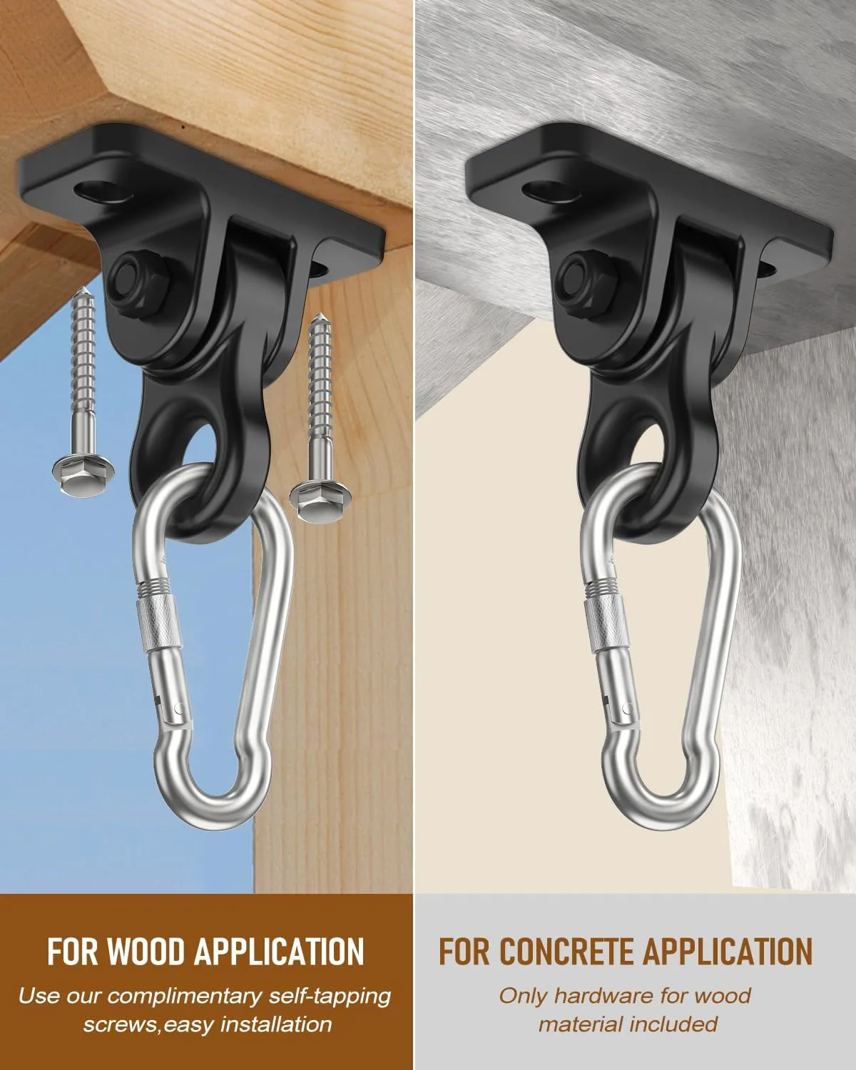 Heavy Duty Porch Swing Hangers Kit, with Screws Bolts for Wooden Sets Playground Porch Patio Yoga Seat Indoor Outdoor Hanging Snap Hooks (2 Pack Black)