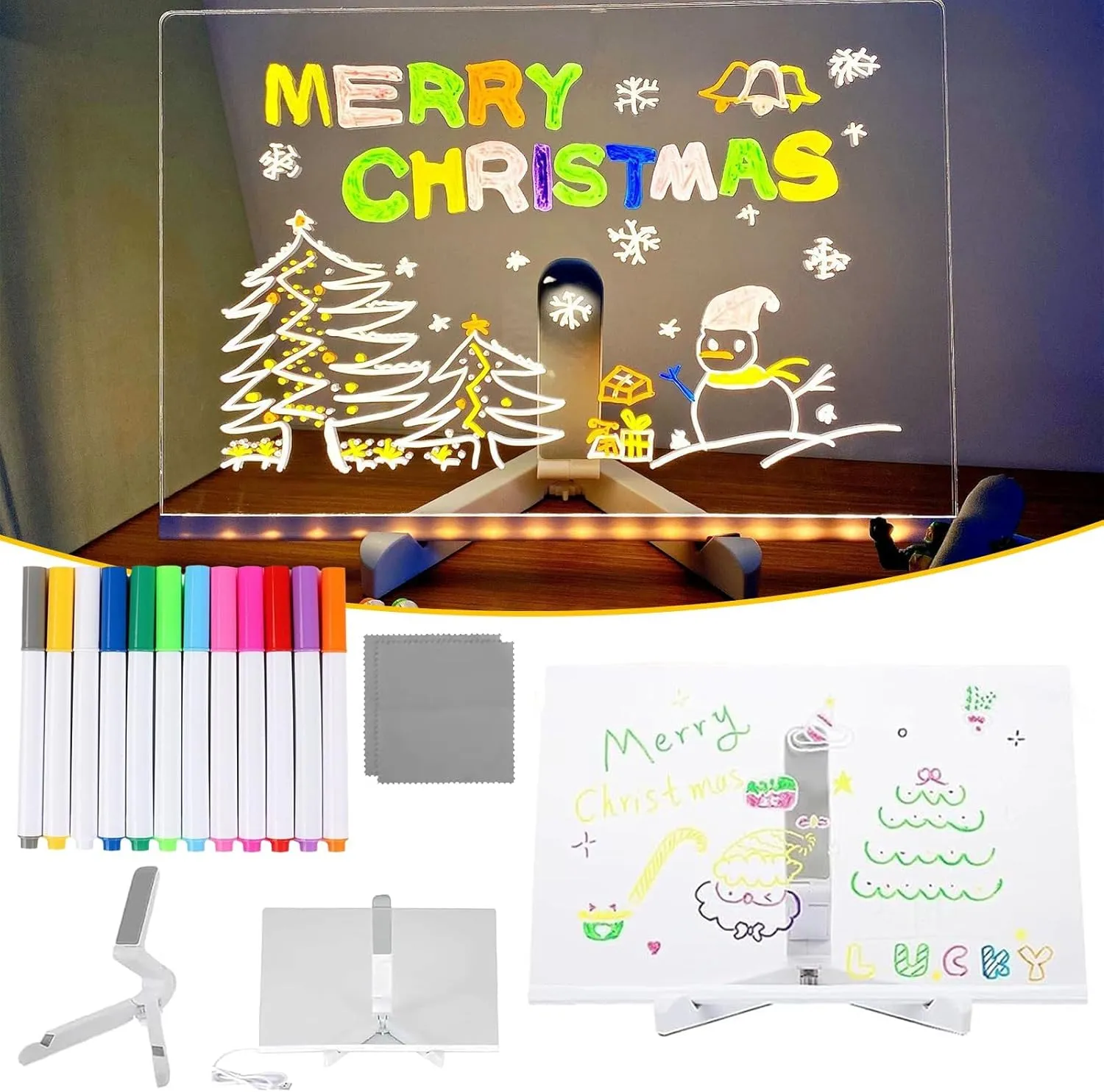 Helloluno Magicboard, Led Drawing Board, with 12 Color Pens/3 Specification/Adjustable Stand, Kids Neon Drawing Pad - Soft Eye Protection Light (7.9 X 7.9 Inch)