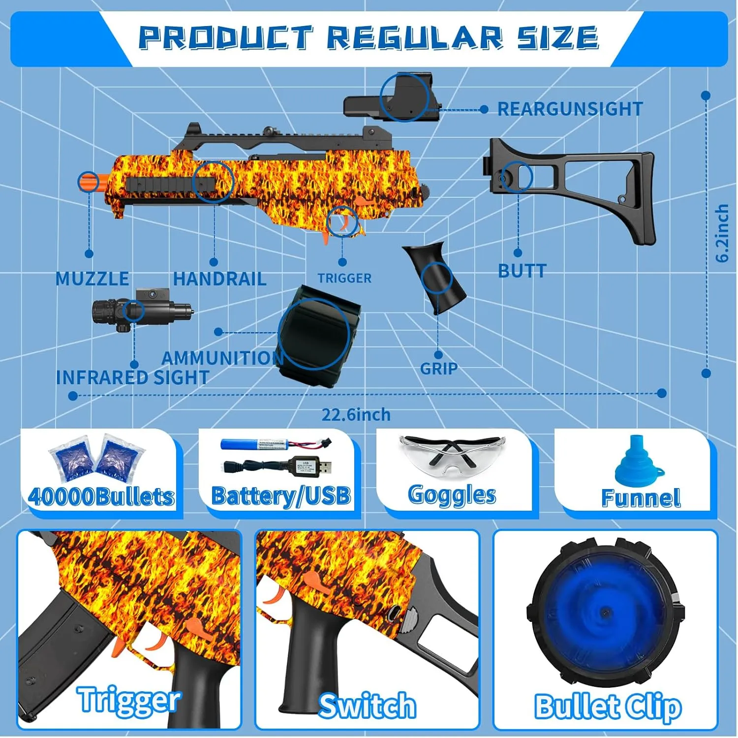 High Speed Automatic Splatter Ball Blaster with 40000  and Goggles, JIFTOK Rechargeable Splatter Ball Toys for Outdoor Activities Shooting Game Party Favors-Fire