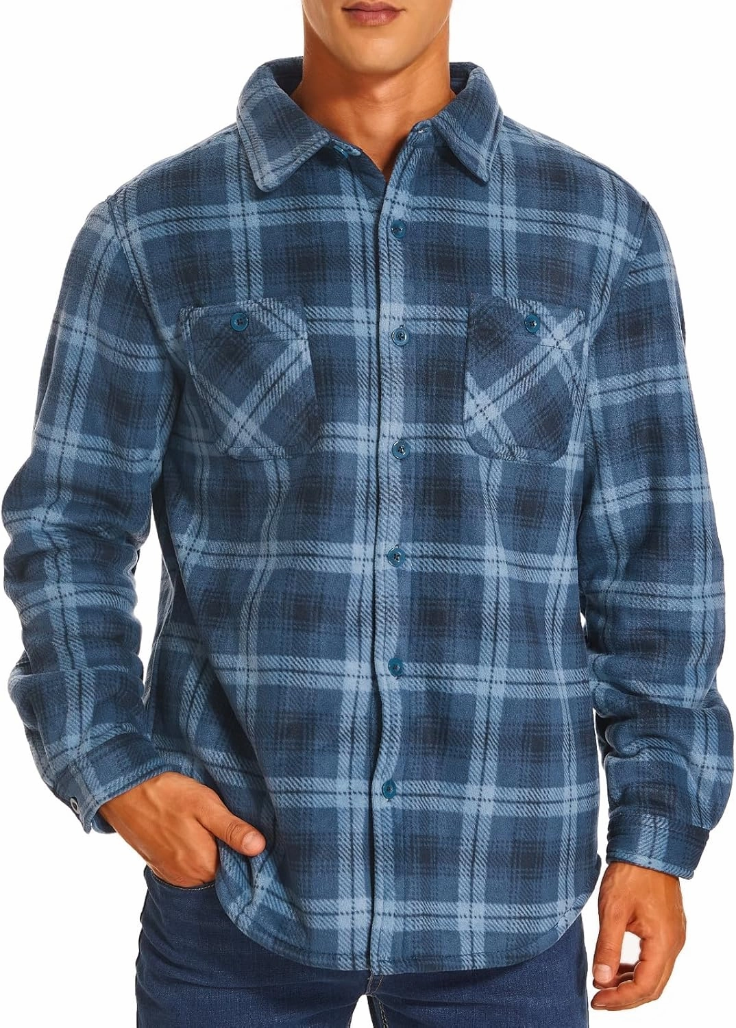 HODOSPORTS Plaid Heavyweight Mens Flannel Jacket Sherpa Lined Thick Fleece Flannel Shirts Long Sleeve Bottom Down