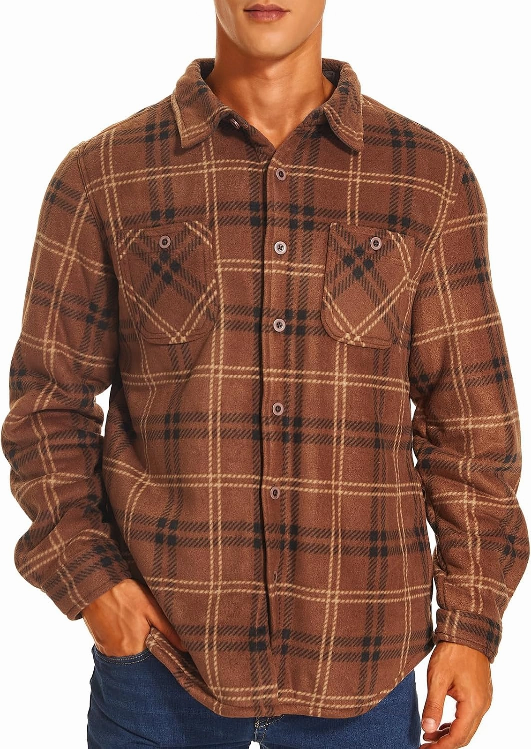 HODOSPORTS Plaid Heavyweight Mens Flannel Jacket Sherpa Lined Thick Fleece Flannel Shirts Long Sleeve Bottom Down