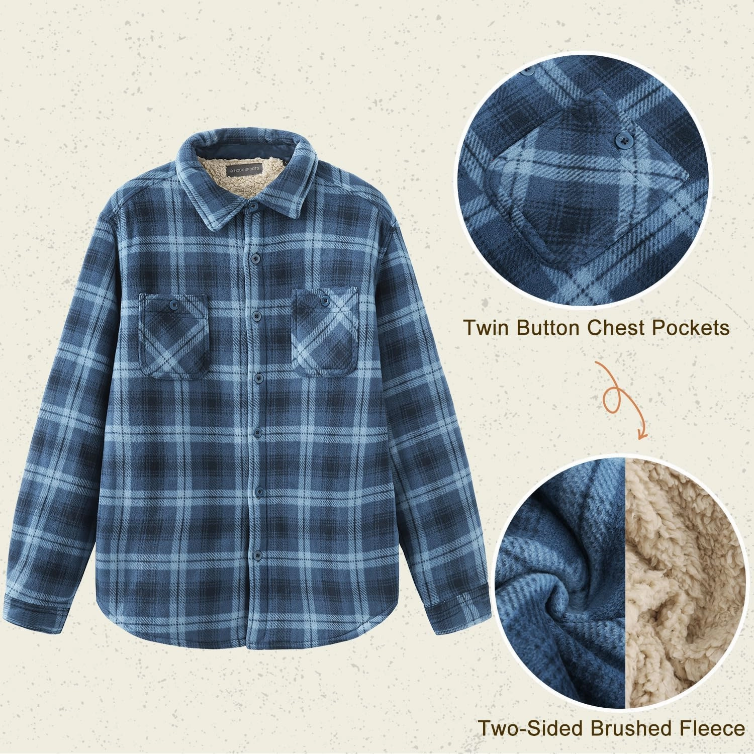 HODOSPORTS Plaid Heavyweight Mens Flannel Jacket Sherpa Lined Thick Fleece Flannel Shirts Long Sleeve Bottom Down