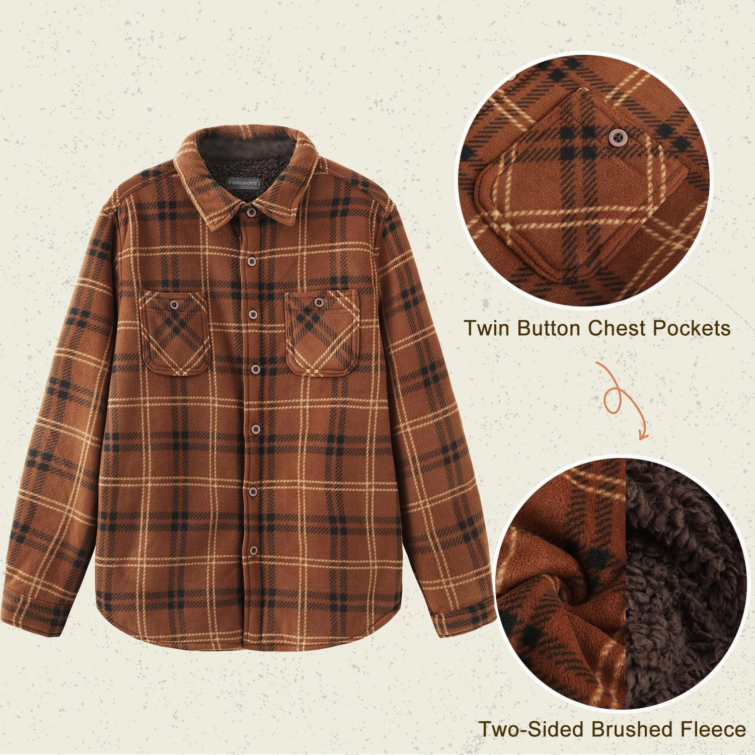 HODOSPORTS Plaid Heavyweight Mens Flannel Jacket Sherpa Lined Thick Fleece Flannel Shirts Long Sleeve Bottom Down