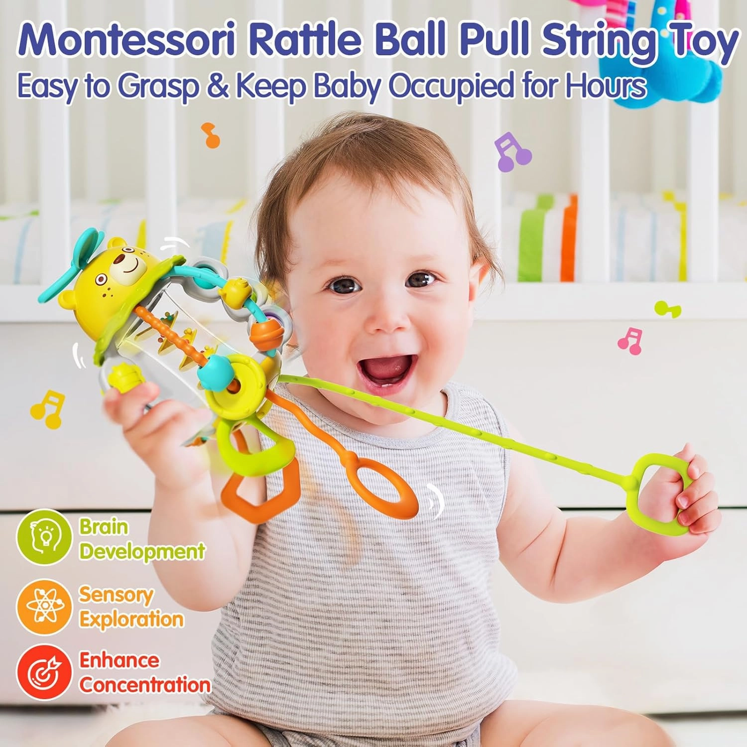 HOLA Montessori Toys for 1 Year Old Boys-Rattle Teething Baby Toys 0-6 & 6-12 Months, Silicone Pull String Sensory Toys for 1 Year Old Girl Gifts Christmas Stocking Stuffers