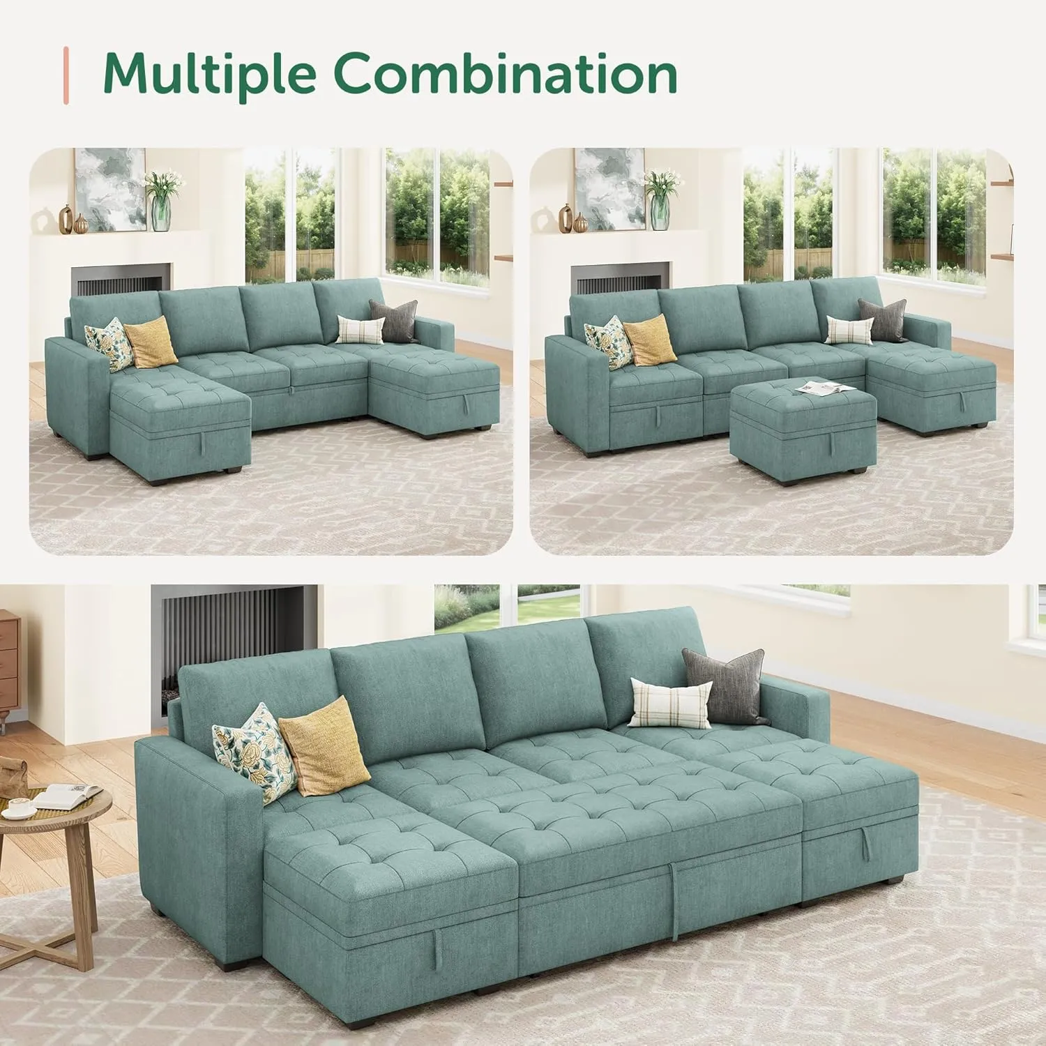 HONBAY Modular Sectional Sleeper Sofa with Pull Out Bed,U Shaped Couch with Storage Seat,Sectional Couches for Living Room,Blue