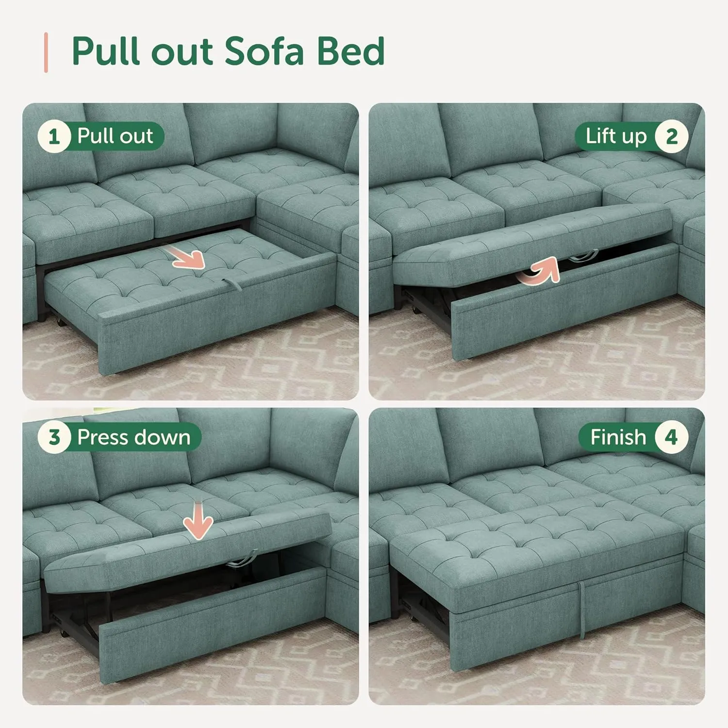 HONBAY Modular Sectional Sleeper Sofa with Pull Out Bed,U Shaped Couch with Storage Seat,Sectional Couches for Living Room,Blue