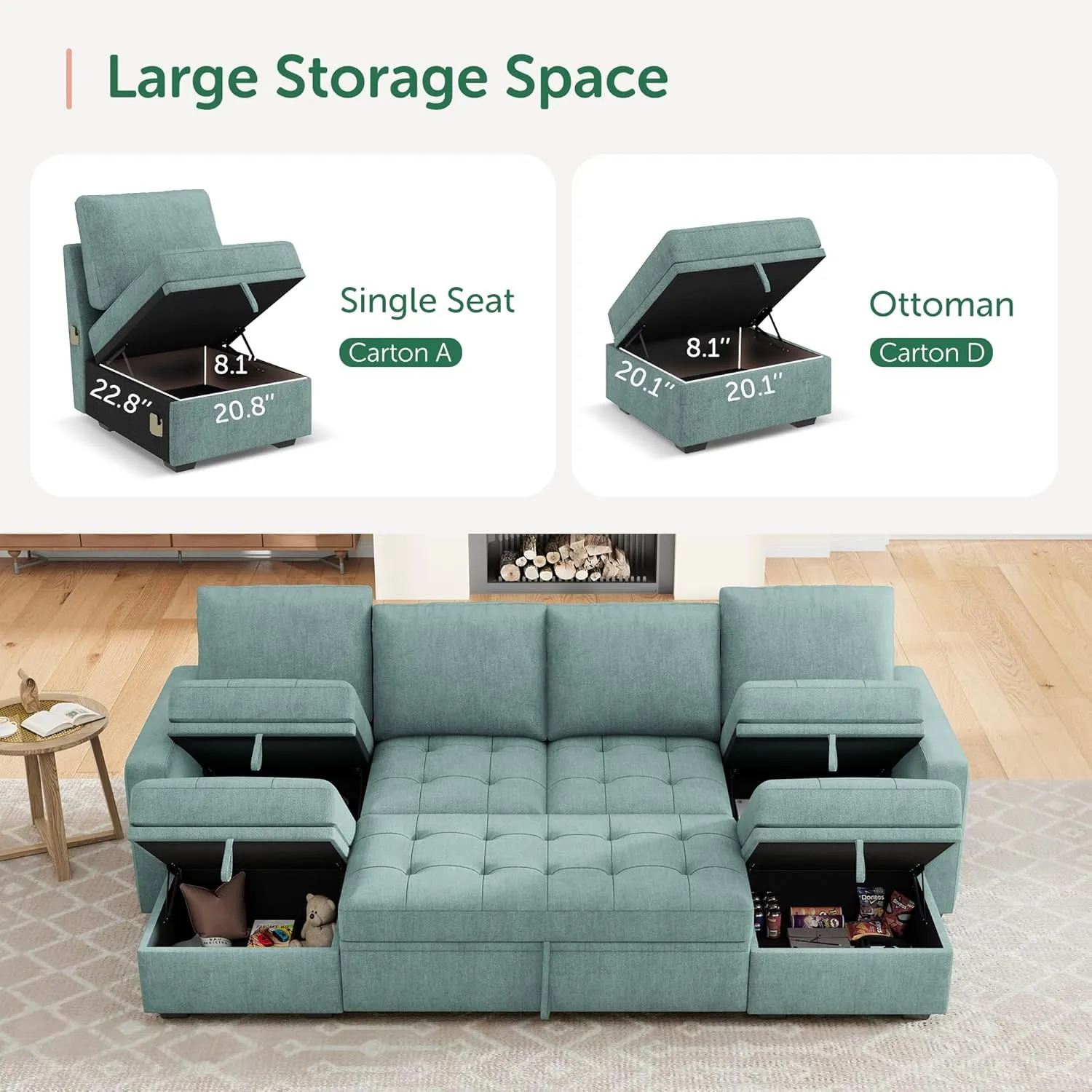 HONBAY Modular Sectional Sleeper Sofa with Pull Out Bed,U Shaped Couch with Storage Seat,Sectional Couches for Living Room,Blue