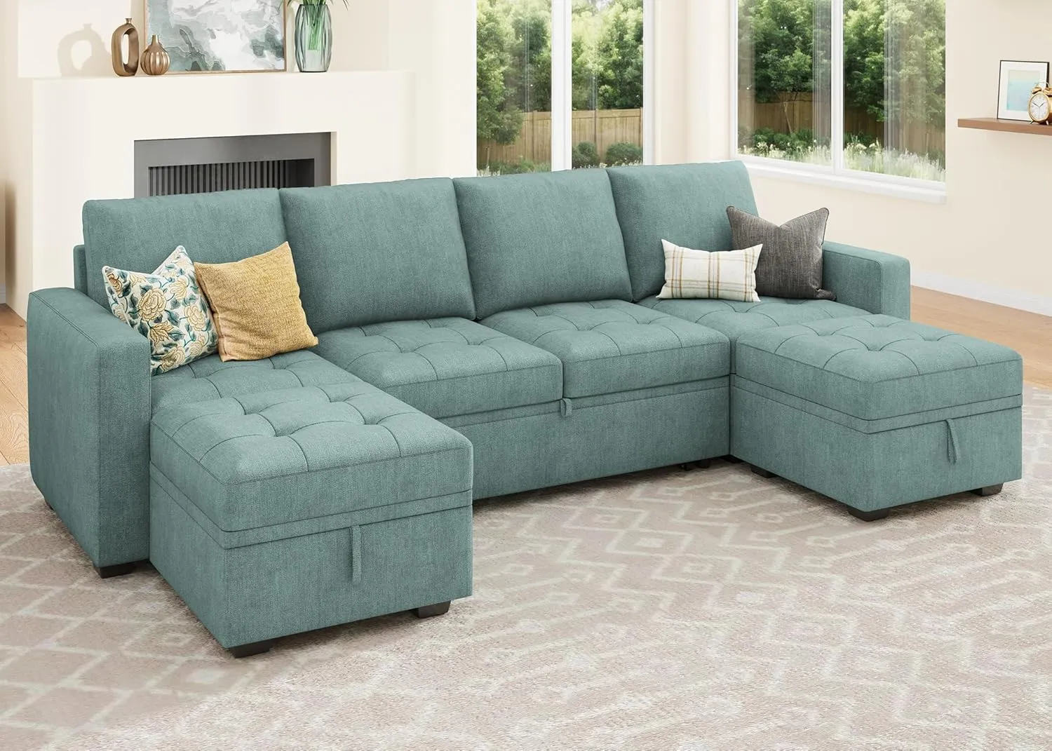 HONBAY Modular Sectional Sleeper Sofa with Pull Out Bed,U Shaped Couch with Storage Seat,Sectional Couches for Living Room,Blue