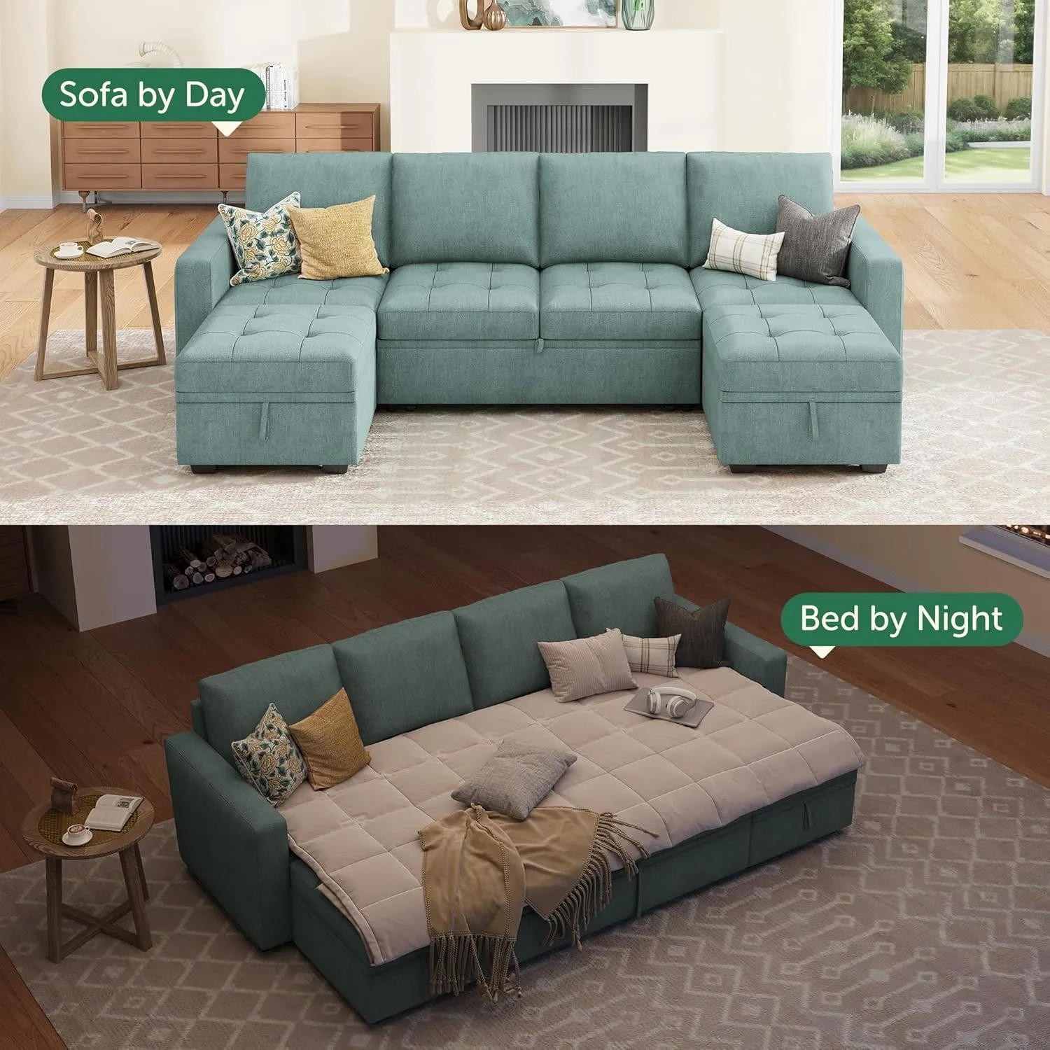 HONBAY Modular Sectional Sleeper Sofa with Pull Out Bed,U Shaped Couch with Storage Seat,Sectional Couches for Living Room,Blue