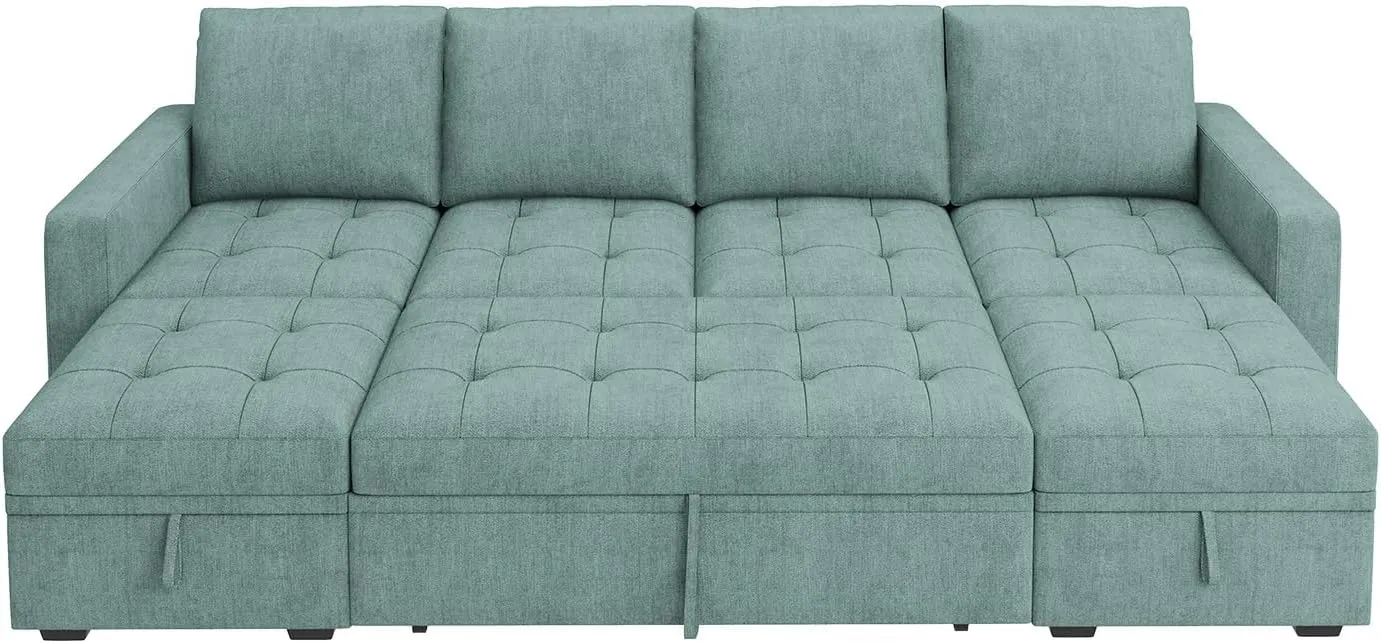 HONBAY Modular Sectional Sleeper Sofa with Pull Out Bed,U Shaped Couch with Storage Seat,Sectional Couches for Living Room,Blue