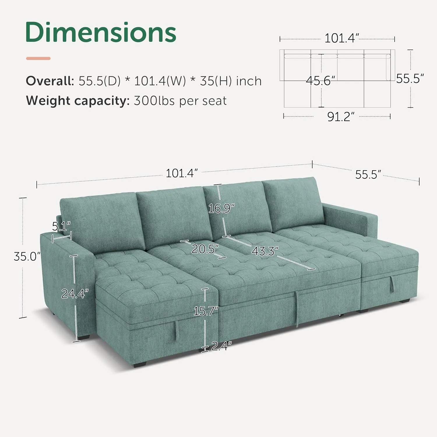 HONBAY Modular Sectional Sleeper Sofa with Pull Out Bed,U Shaped Couch with Storage Seat,Sectional Couches for Living Room,Blue