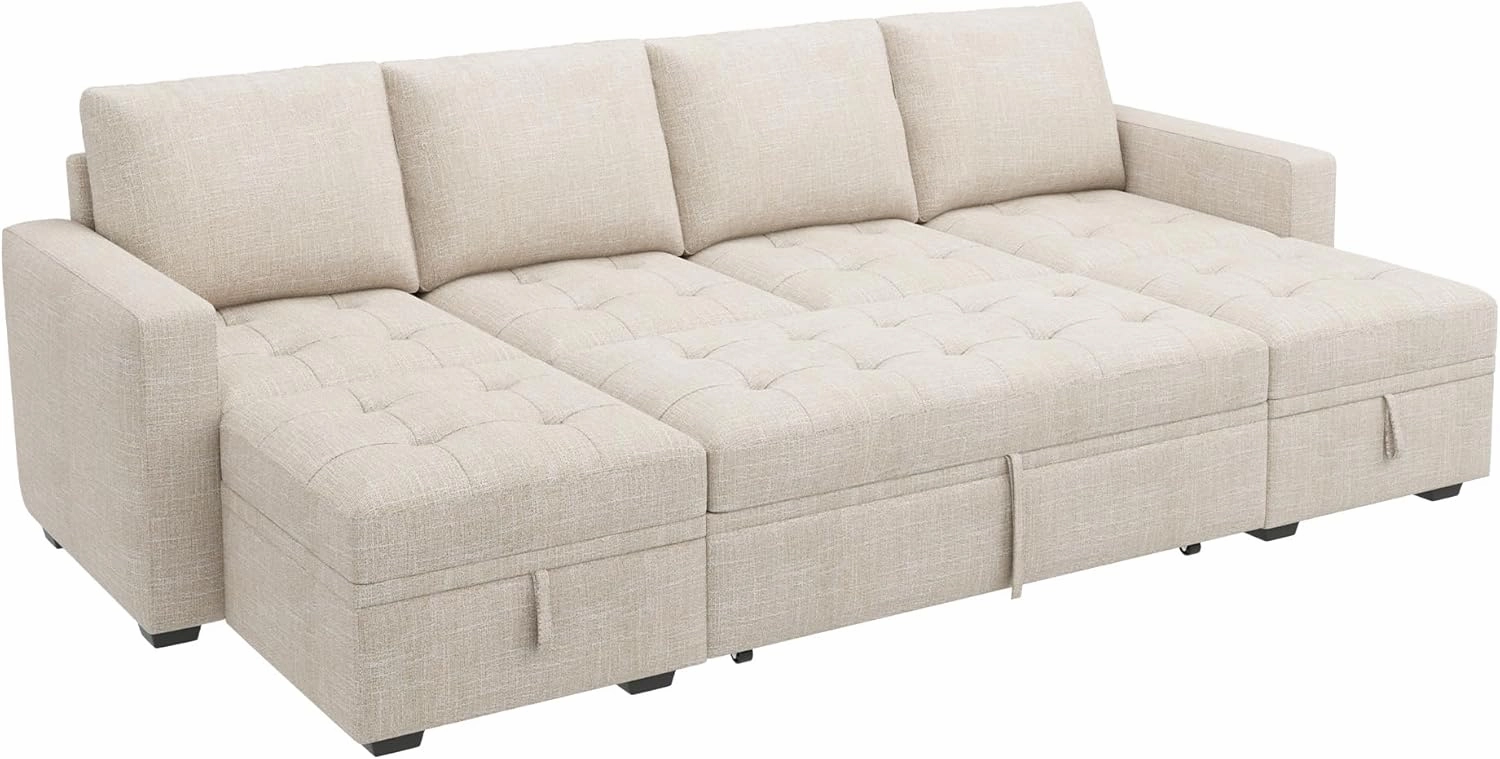 HONBAY Modular Sectional Sleeper Sofa with Pull Out Bed, Convertible L Shaped Couch with Storage Seat, Sectional Couches for Living Room,Beige